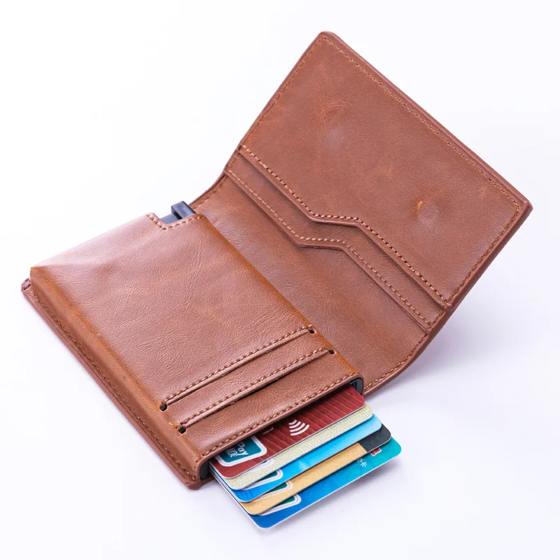 

Custom Mens Minimalist Pop up Wallet RFID Blocking Slim Credit Card Holder Automatic Wallets for Men Leather Case