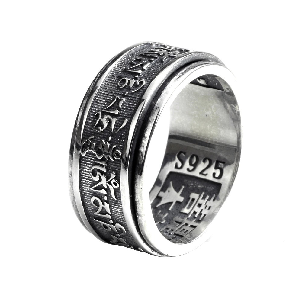 Genuine 925 Silver Spinner Rings For Men Tibetan Six Words Mantra Rings Om Mani Padme Hum