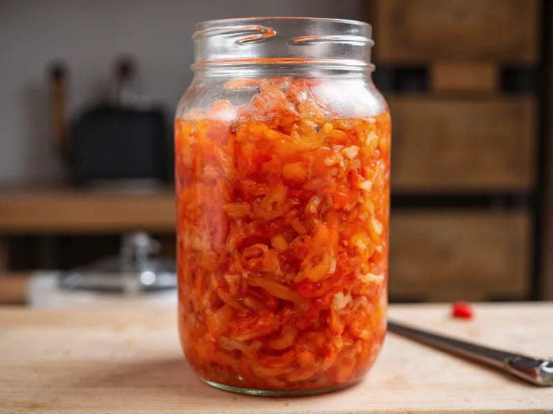 Homemade kimchi in glass jar showing perfect fermentation