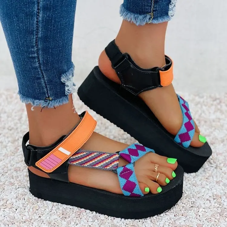

Hook and loop fastener chunky sole patchwork women shoes peep toe nylon strap lady sandals for summer chic street style