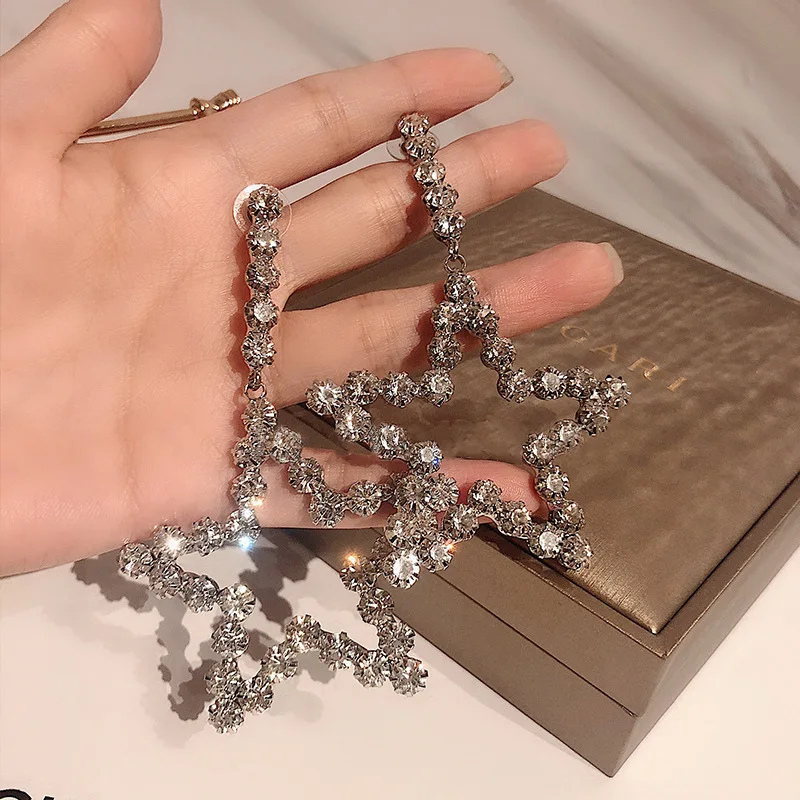 

2020 New Arrival 925 Sterling Silver Full Crystal Star Dangle Earrings Star Shape Crystal Statement Earrings for Girls