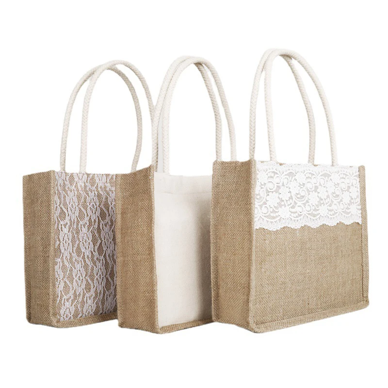 

Lace Stitching Burlap Shoulder Gift Bag Reusable Hemp Shopping Bag Eco Friendly Canvas Jute Tote Bag, Natural color
