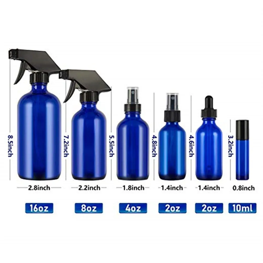 16/8/4/2oz Bpa Free Spray Bottles,Empty Cobalt Blue Glass Spray Bottle Set With Labels,4 Eo
