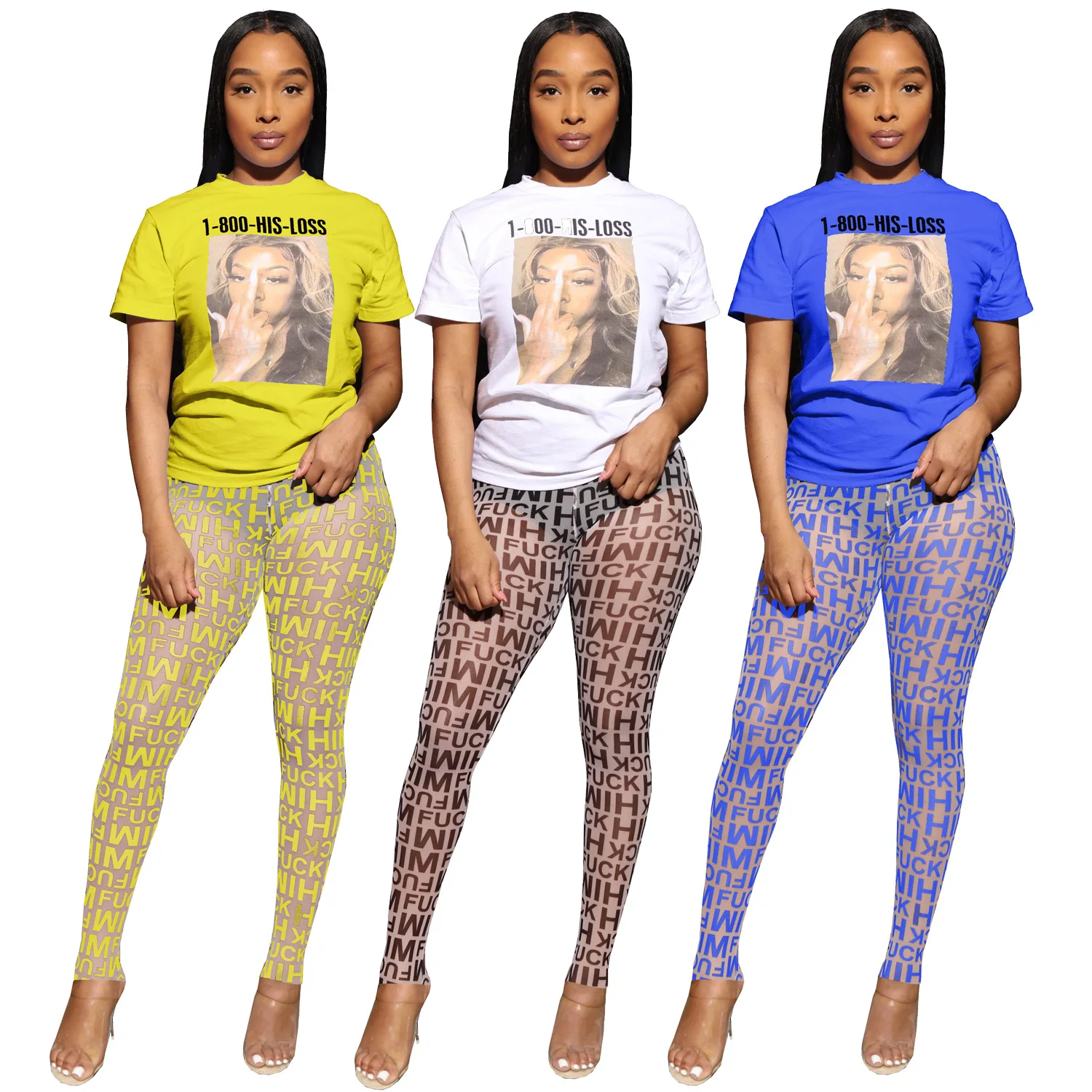 

Two-piece Pants Set Women Clothing Printed T-shirt Mesh See-through Trousers & Pants 2 Piece Set For Women
