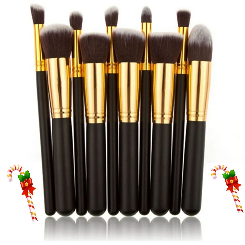 

Luxurious Black And Gold Ferrule Makeup Brushes 10 pcs Kabuki Makeup Brush Set For Christmas Gift