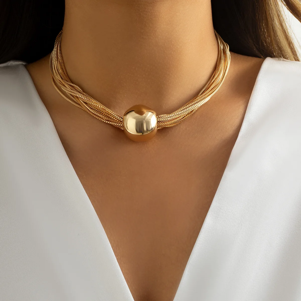 

Exaggerated Multi Layered Big Ball Choker Necklace For Women Vintage Gold Color Geometric Chunky Clavicle Chain Jewelry Gift