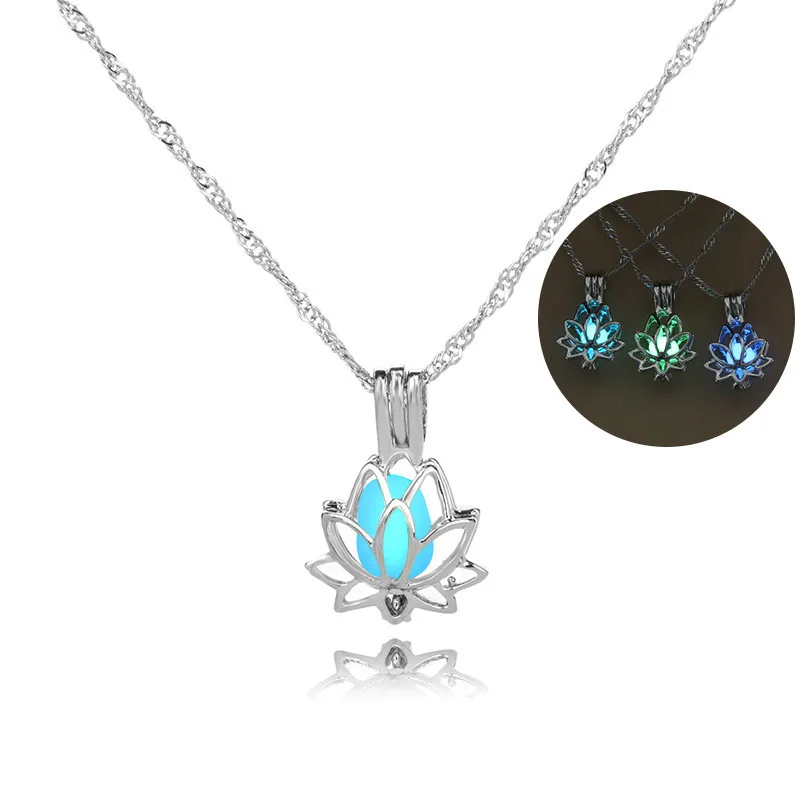 

Hot Sale new luminous glow in the dark lotus flower shaped clavicle necklace for Women, Silver