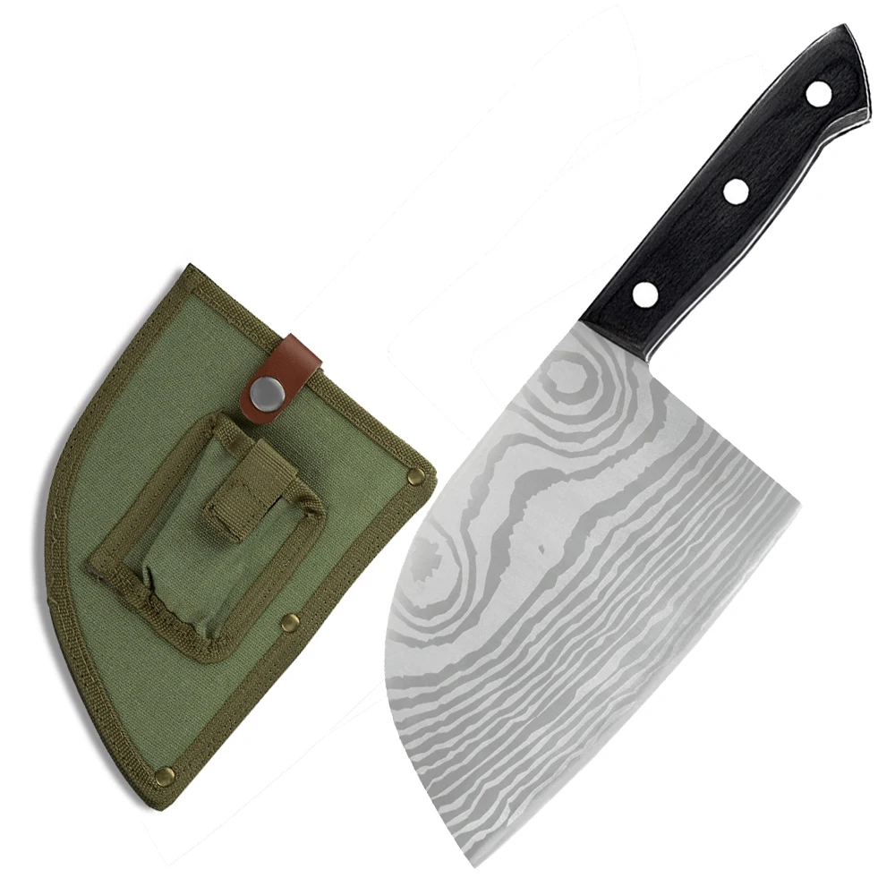 

Heavy tasks outdoor butcher knife set laser Damascus pattern wood handle bone cleaver stainless steel Serbian butcher knife