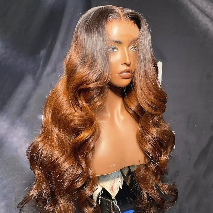 

Ombre Honey Brown Color Body Wave Wigs for Women Mink Hair Pre Plucked Cuticle Aligned Hair 13*4 Lace Front Wigs with Baby Hair, Ombre color/natural color