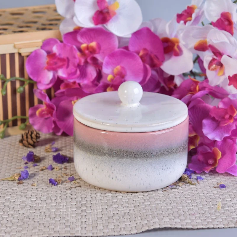 Round glaze printing custom ceramic tealight candle jar porcelain candle holders with lids bedroom decoration factory
