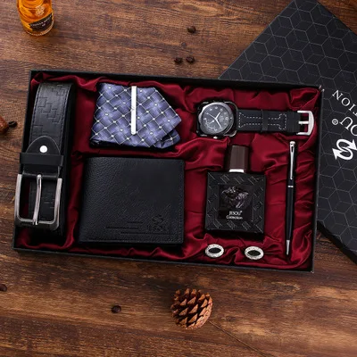 

Most popular father gift set fashion 7pcs perfume cufflinks belt vintage wallet tie pen quartz watches