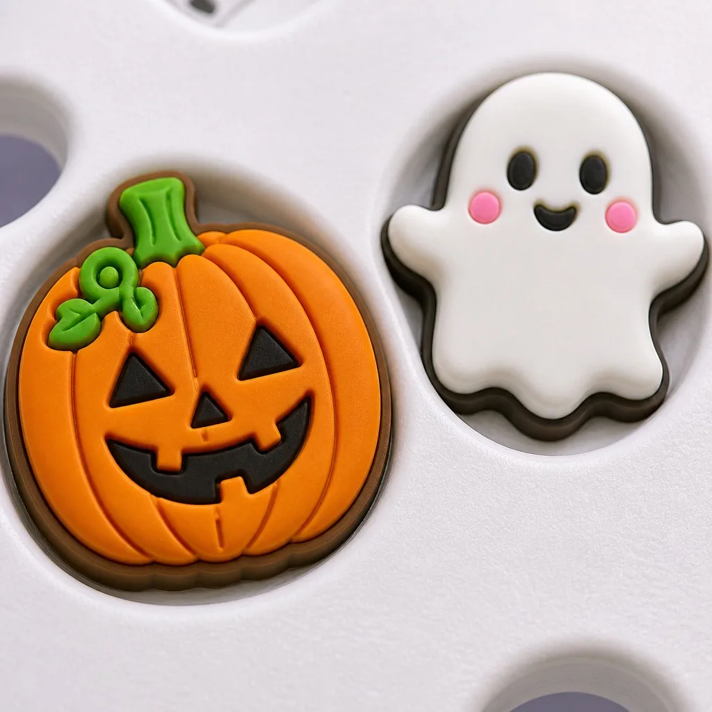 Macro detail of a jack-o-lantern charm and an outlined ghost charm seated in clog holes