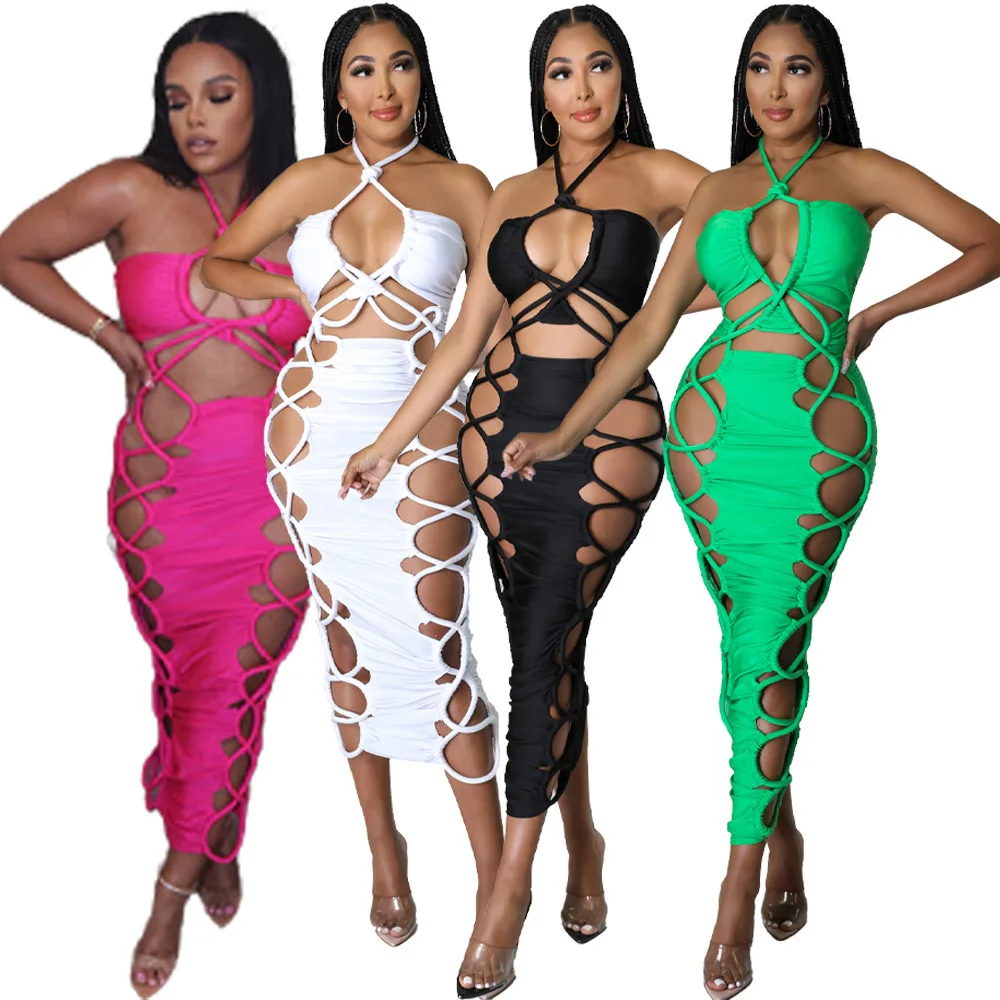 

2022 New Trendy Sexy Women Hollow Club Clothing Halter Backless Zipper Dress Women Sleeveless Dress