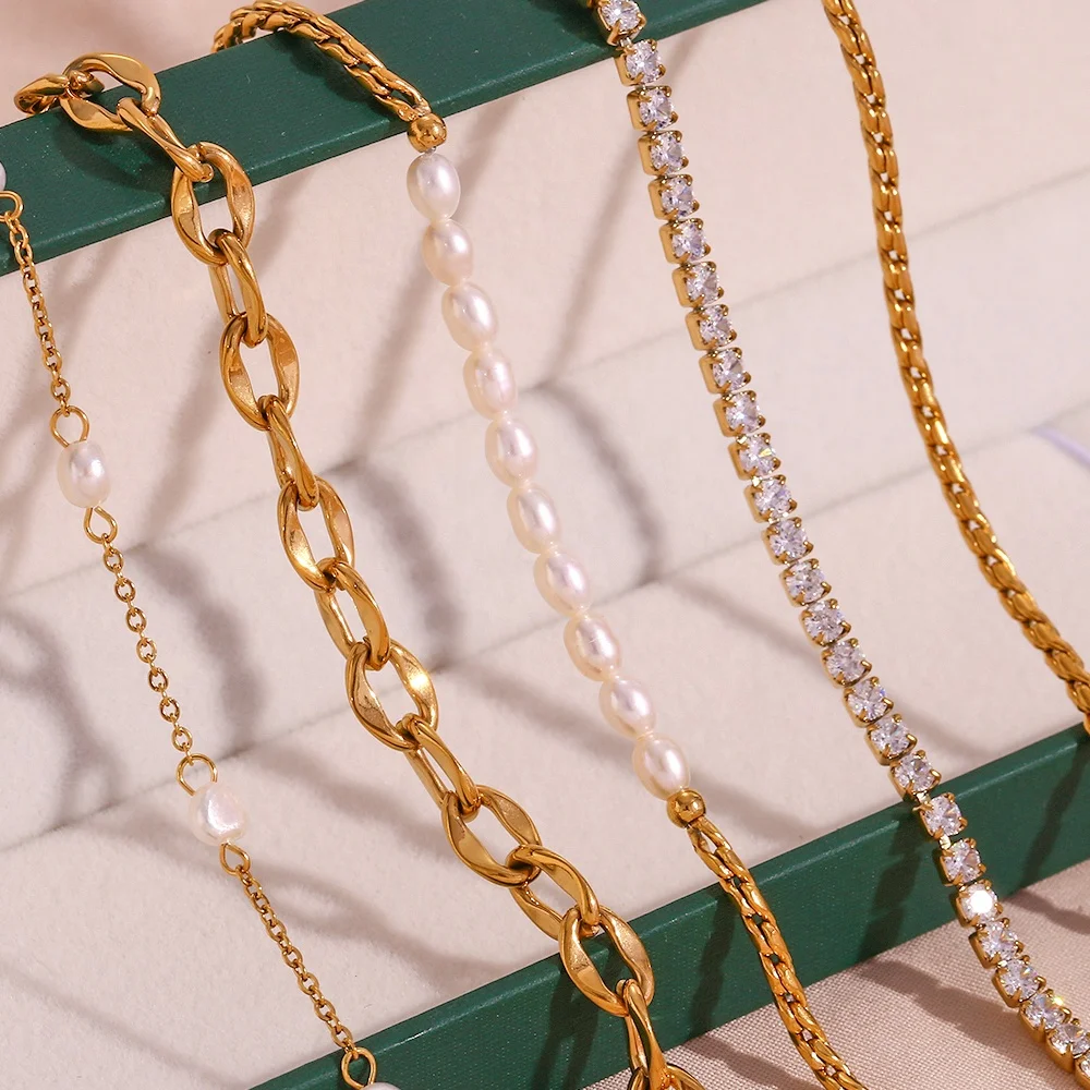 

Fashion Jewelry Set 18k Gold Plated Stainless Steel Fresh Water Pearl Zircon Anklets For Women