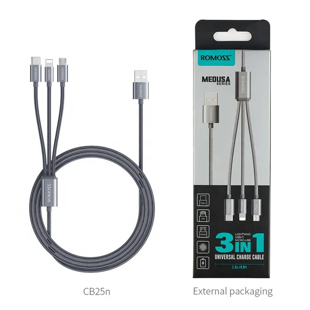 

ROMOSS 3 IN 1 USB Cable Micro USB c Fast Charging Data Wire Type-C Charger Cable
