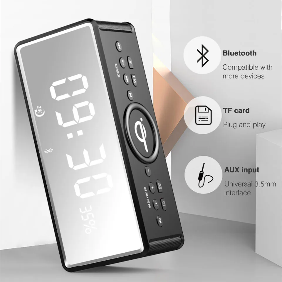 Aomago HIFI Sound Quality FM Radio Wireless Charger Clock Speaker with Mirror Screen Display - ANKUX.COM