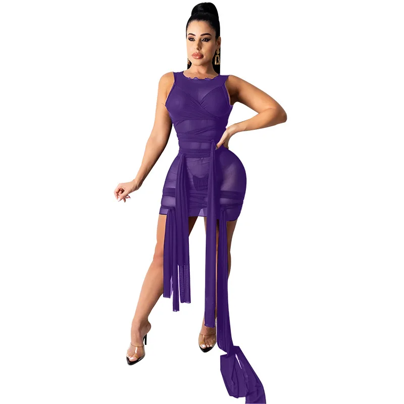 

plus size bandage sexy solid mesh see through irregular dress beach dress