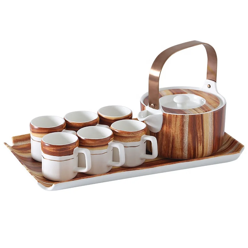 

Bark Texture Teapot Japanese Style Porcelain Tea Kettle with 6 Tea Cups Set and Ceramic Tray, As the picture