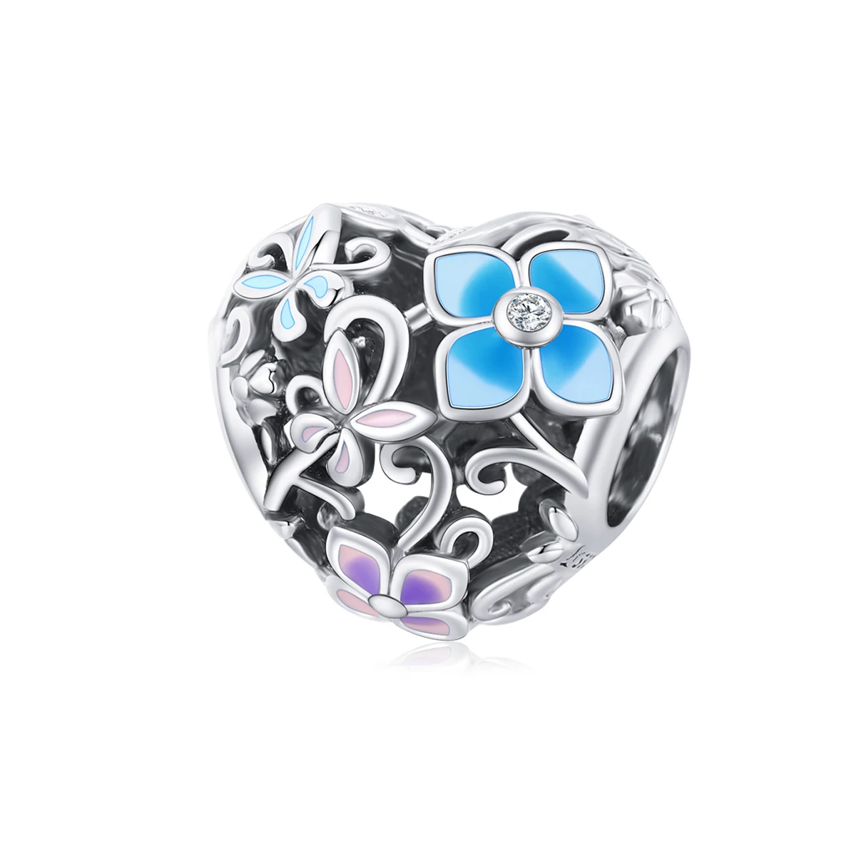 

Sterling Silver S925 Love Flower Butterfly Charm Bracelet Heart-shaped Oil-Drop Flowers pendant, Sliver