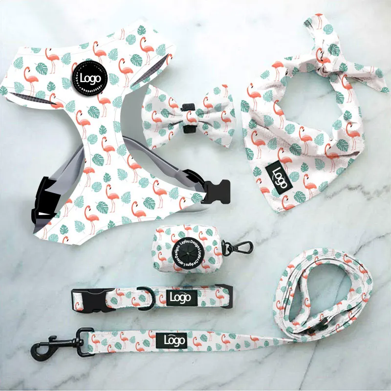 

OEM/ODM Personalized Pet Accessories Print Quick Release Padded Polyester Pattern no pull adjustable neoprene dog harness set