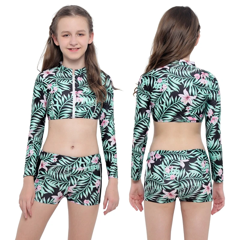 

Low Price Kids Girls 2 Pcs Swimsuits Yoga Sport Fitness Clothing Patterns Printed Top with Boyshorts Bottoms 4-14