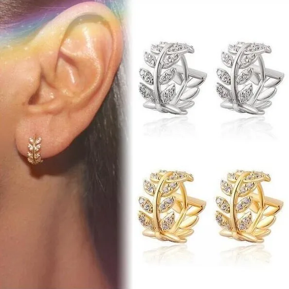 

Luxury New Metal Leaves Shape Mini Earrings With Rhinestone Gold Silver Color Surround Simple Hoop Earrings Jewelry, As shown