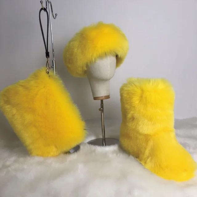 

Fur Faux Women Matching Handbag conjunto de botas Fur Winter Woman And Purse Ankle Multicolor Furry Little Girl Mommy Boots Sets, Picture color
