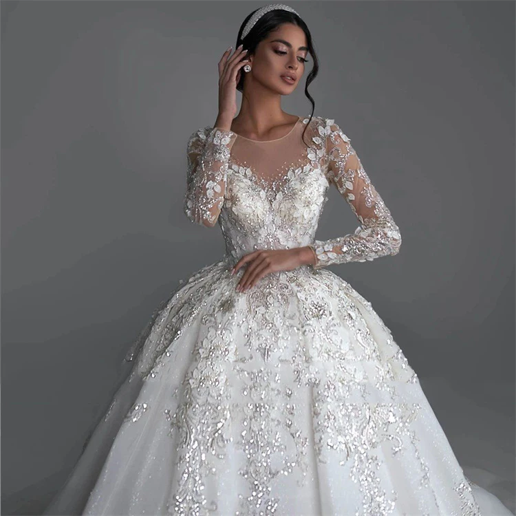 

White Sequin Main Wedding Dress 2023 New Wedding Dress Elegant Temperament Princess Skirt Embroidered Long Sleeve Bridal Wedding