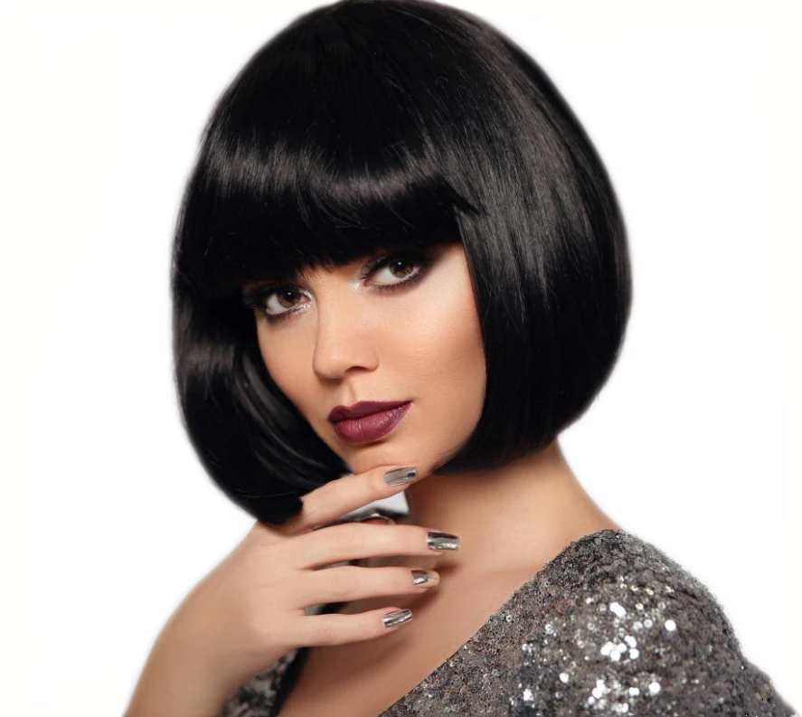 

Bangs Short Straight Hair Bob Wig European and American Ladies Short Hair Black Chemical Fiber High Temperature Silk Wigs, Black color