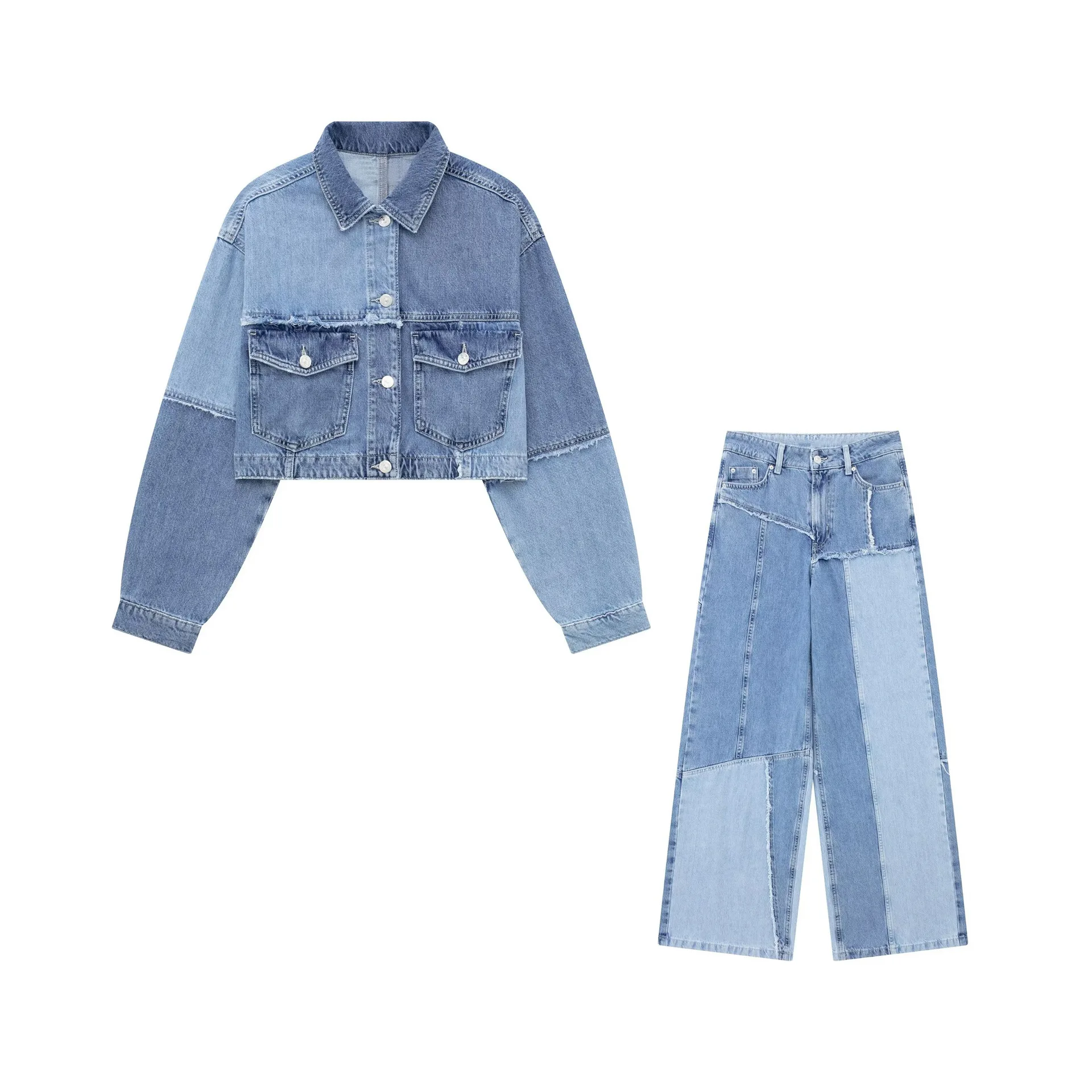 

Wholesale 2023 Summer New European and American Style Patchwork Denim Jacket Jacket Wide Leg Denim Women's Set