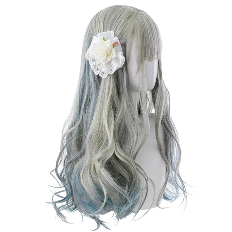 

Light Gray Gradient Grass Green Long 24 Inch Wavy Synthetic Hair Wigs Lolita Japanese Sweet Cute Princess Cosplay Party Wigs, Pic showed