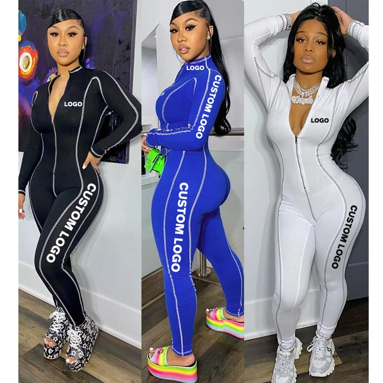 

V Neck Custom Logo Women Zipper Bodycon Flatlock Seam Workout Gym Jumpsuit Ladies One Piece Long Sleeve Legging Sport Jumpsuit