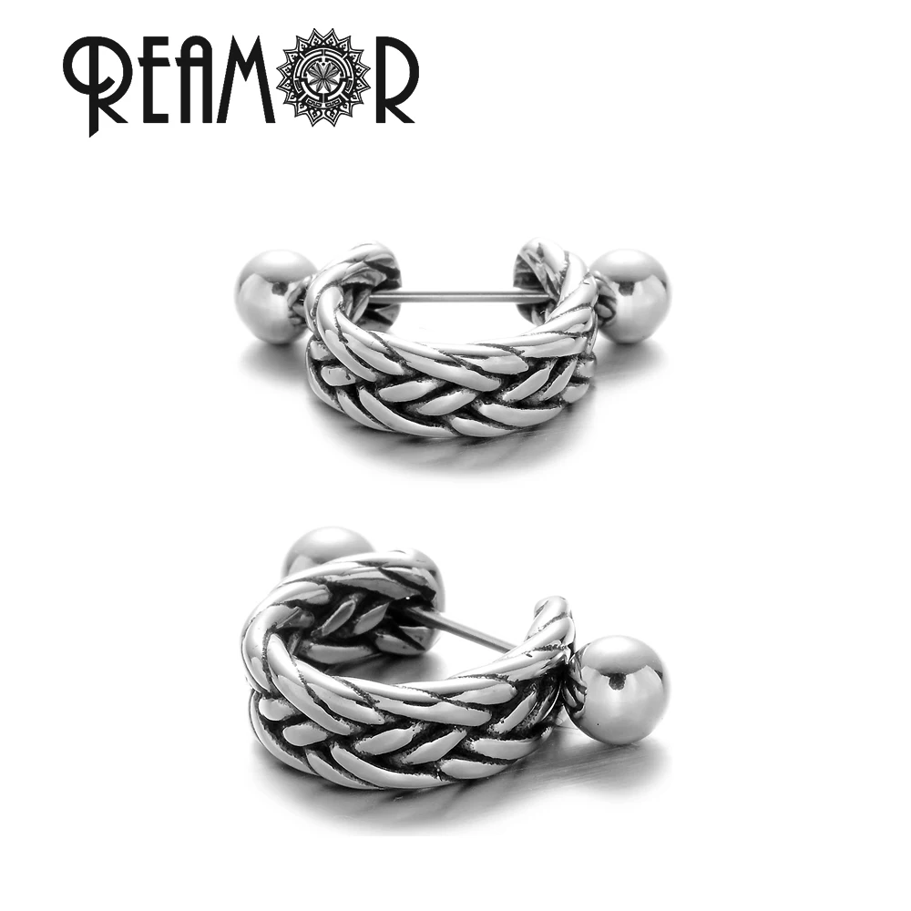 

REAMOR Unique Braided Pattern Silver Color Hoop Earrings With Double Sided Stud for Men and Women Earrings Jewelry