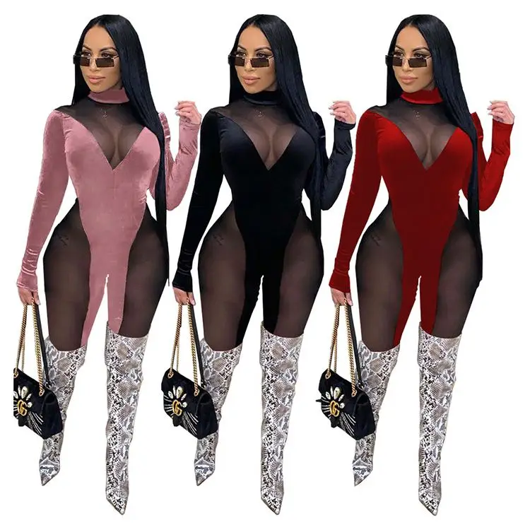 

Best Seller Velvet Mesh Sexy Outfits New Trendy Rompers One Piece Bodycon Jumpsuits Women 2021 Jumpsuits And Rompers For Women