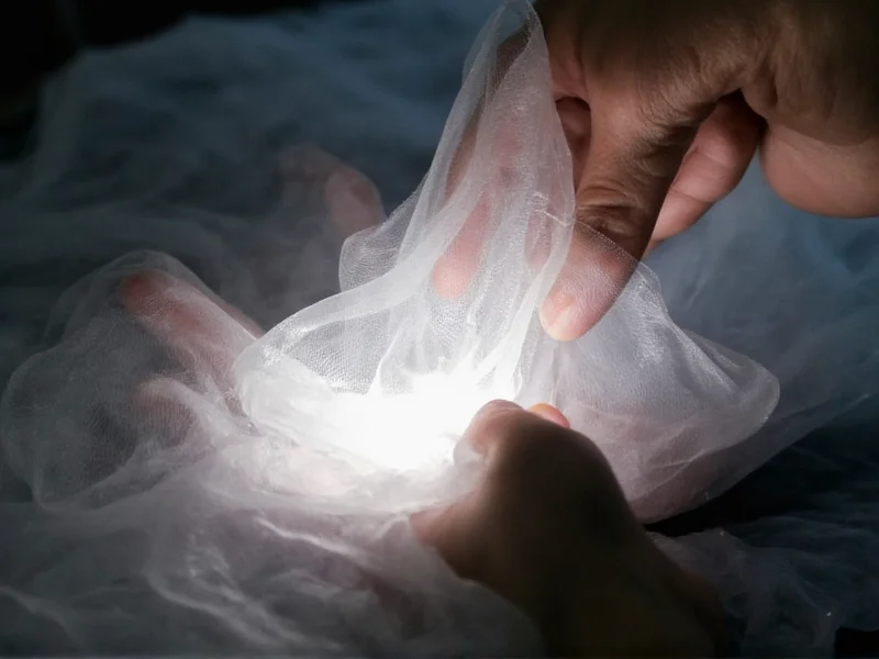 Hand testing fabric quality against light for transparency