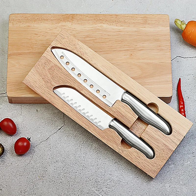 

Justa 2021 New Arrival 2 in 1 Chopping Board 2 Pcs Hollow Handle Knife Set And Rubber Wood Cutting Board With Knife Set