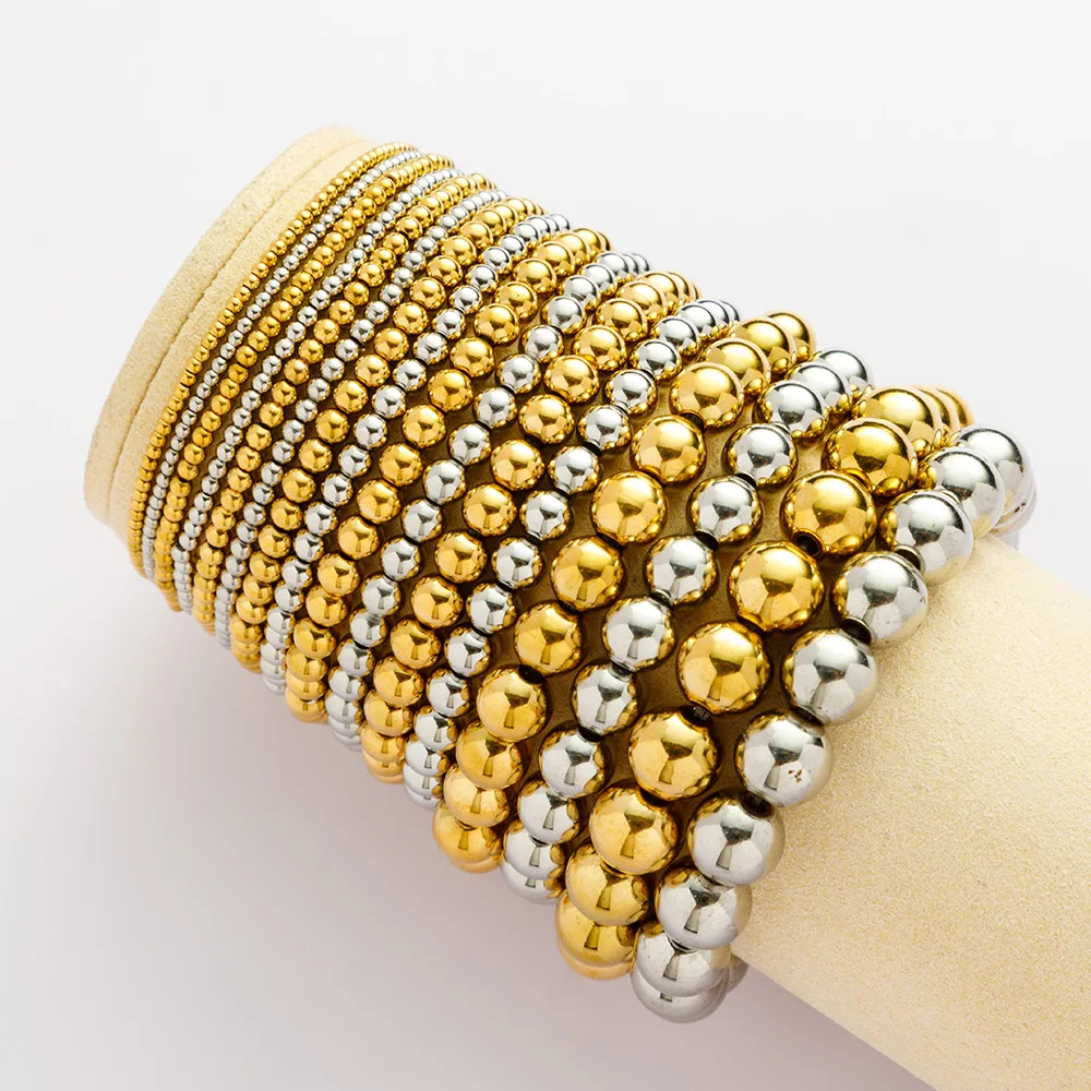 Fashion Handmade 18K Gold Plated Beaded Bracelets Waterproof Stretch Beads Stainless Steel Solid Bracelet Jewelry YF3490