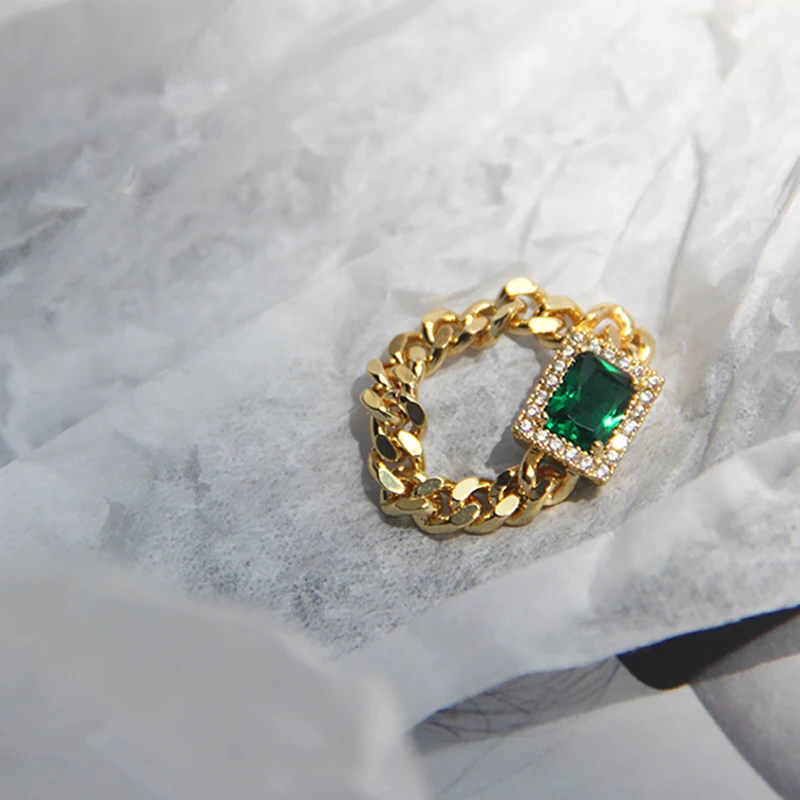 

Green & White Gemstone 18K Gold Stainless Steel Soft Chain Rings For Women