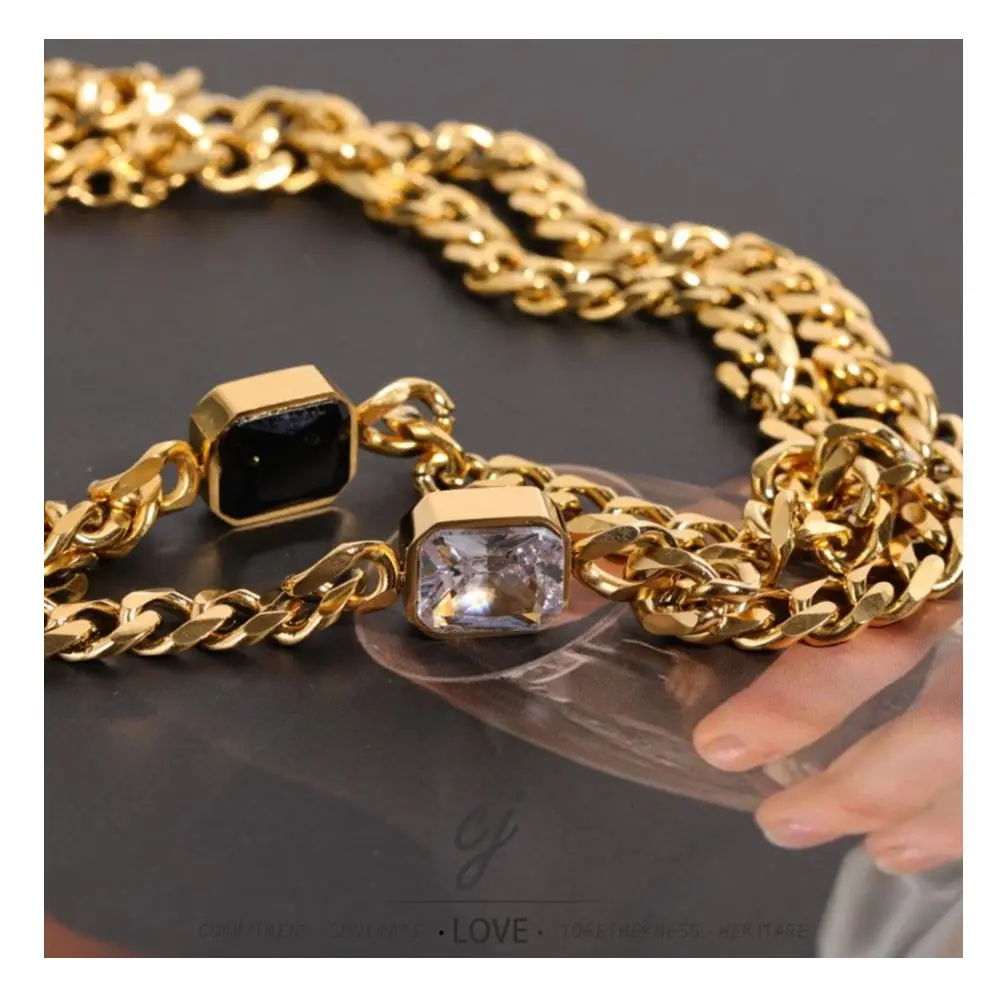 Carline Fashion Zircon Jewelry Cuban Chian Stainless Steel Trendy 18K Gold Plated With Zircons Necklace Custom for Women Girls