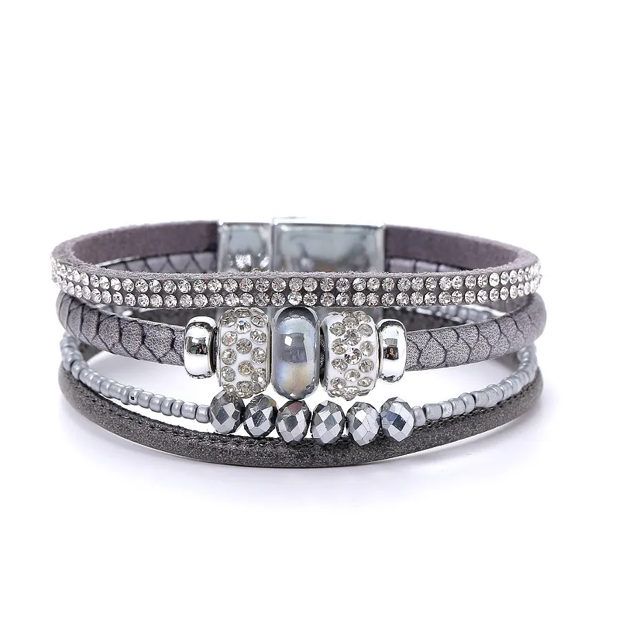 

2021 Sailing Jewelry Multilayer Magnet Clasp CZ Bracelet Vintage Leather Ethnic PU Leather Magnet Buckle Bracelet