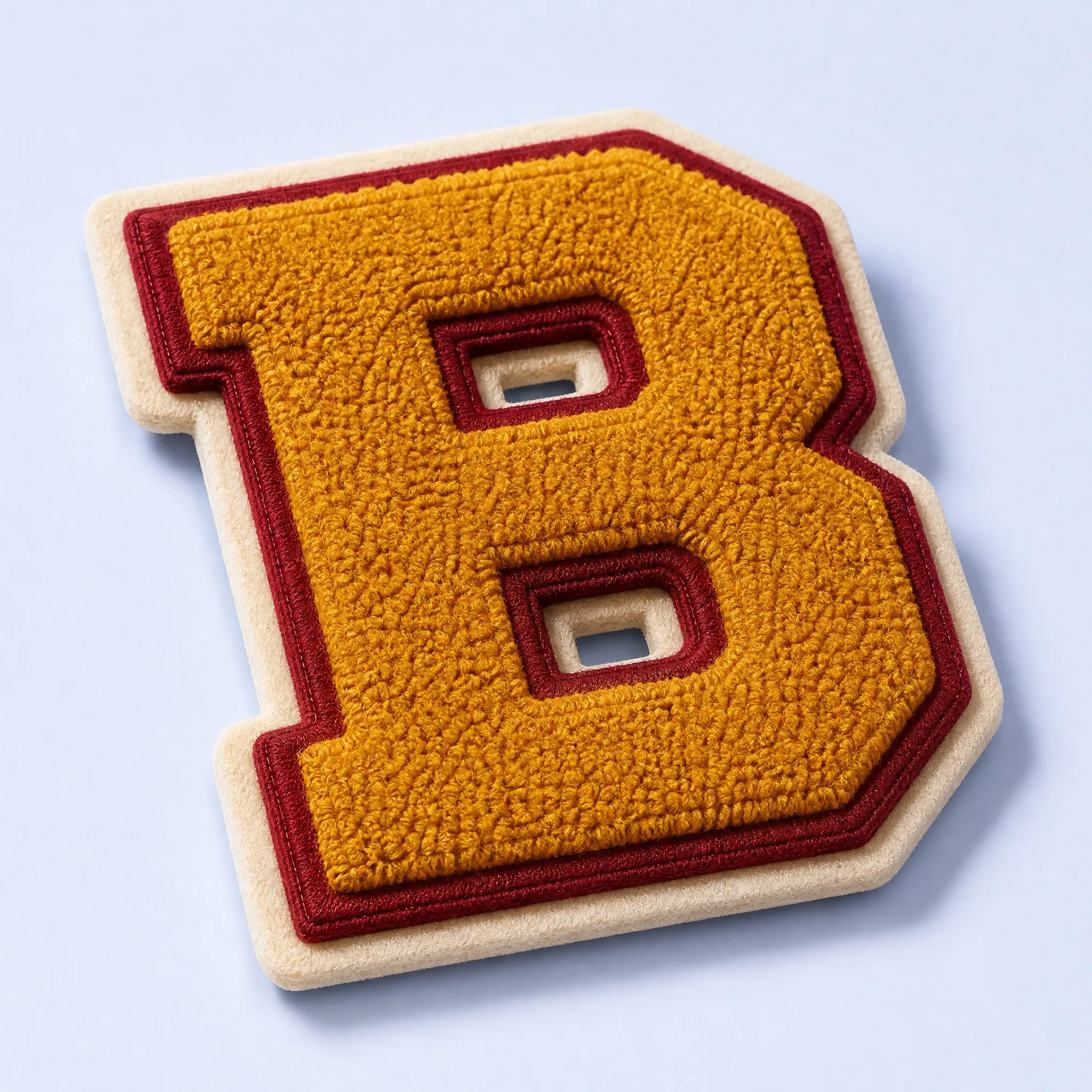 High-Density Gold Chenille Varsity Letter B Patch with Crimson Red Satin Edge Embroidery and Off-White Felt Foundation