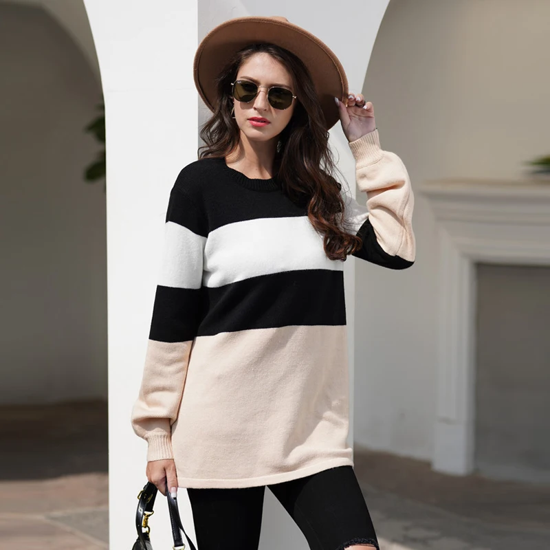 

Korean new fashion lady oversize striped top contrast color sweater jumper women high neck knitwear pullover mujer winter