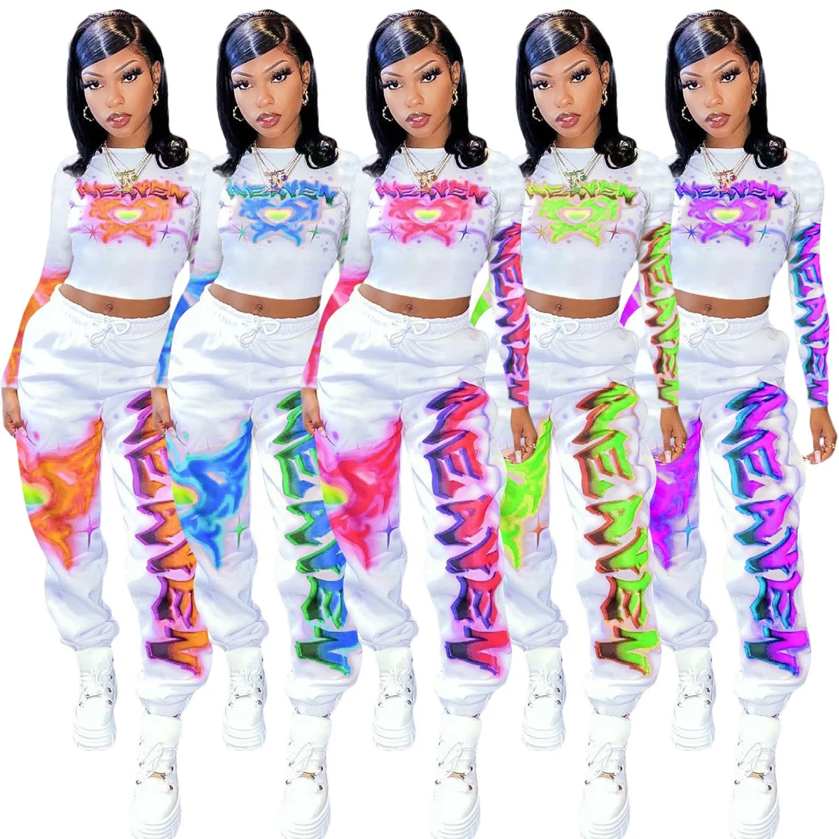 

Wholesale Clothing Vendor Tie Dye Letter Womens Sweatsuit 2021 Long Sleeve Two Piece Winter Sweatsuit Set White Tracksuit Women