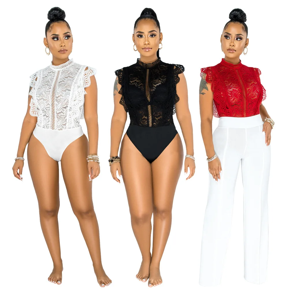 

B54337A Women sexy base shirt fashion lace flower sleeveless zippers bodysuit, Black/red/white