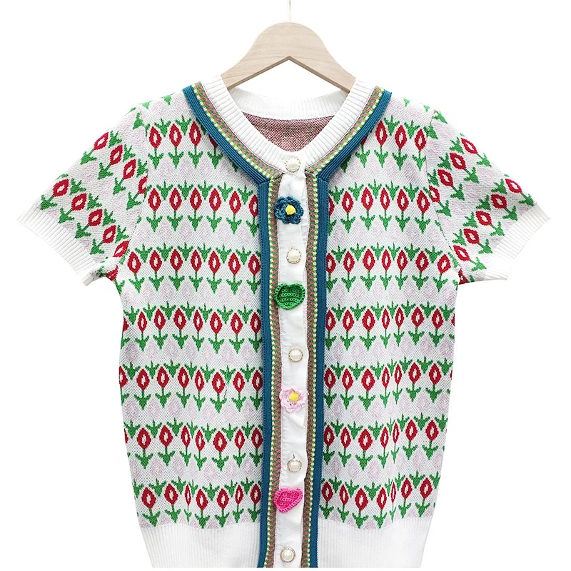 

2021 new summer single-breasted handmade flower short-sleeved round neck ladies knitted cardigan women sweater
