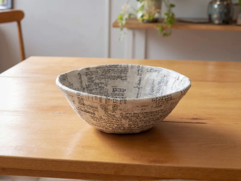 Woven newspaper craft bowl on wooden table