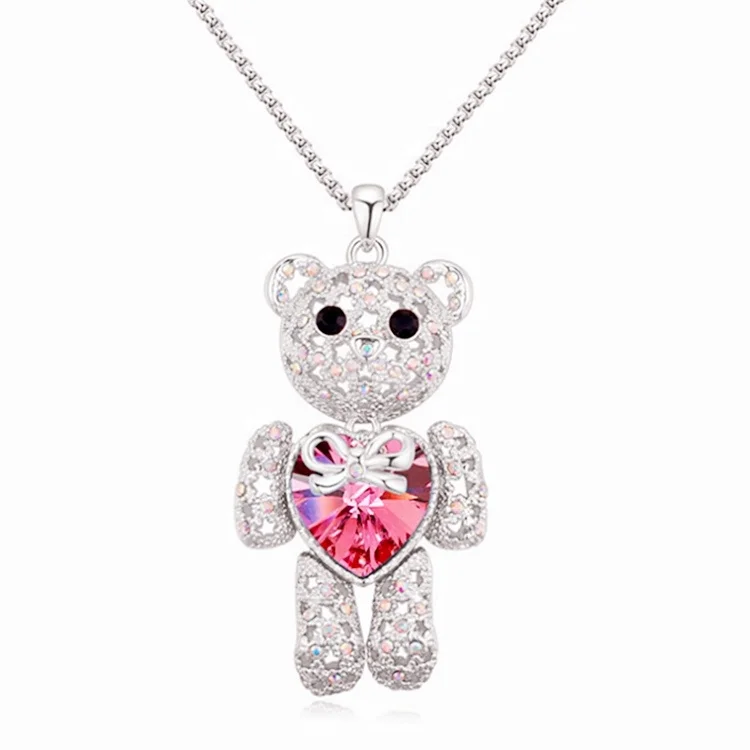 

Gold plated jewelry Fashion Long Crystal Love Heart Bling Teddy Bear Necklace For Women, Blue,pink,purple