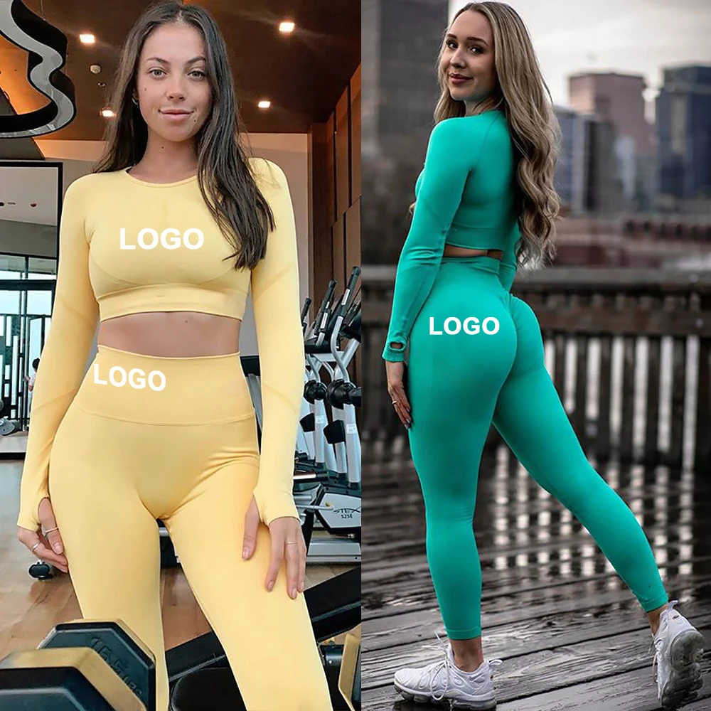 

Latest custom fashion seamlesst long sleeve yoga sets slim crop top running training outfit stretchy skinny legging activewear