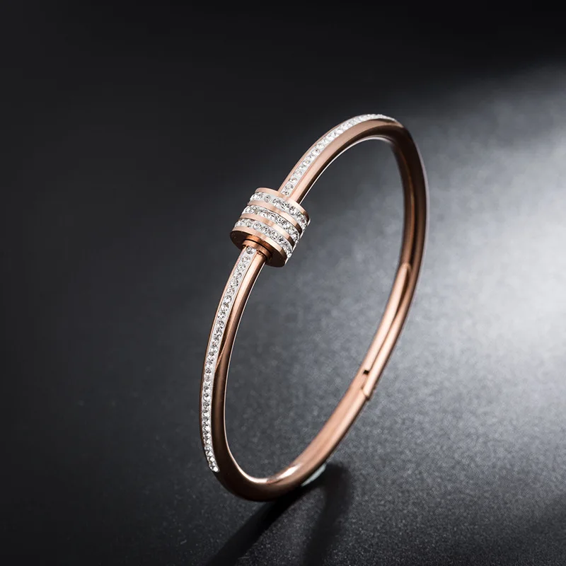 

Fashion Stainless Steel Rotating Opening Crystal Screw Bangle Bracelet Rose Gold Color Woman Cuff Bangles (SK785), As picture