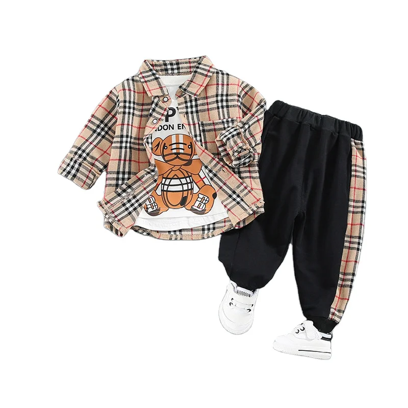 

New Design Baby Boy Set T-shirt+Long Sleeve Grid Shirts+ Cotton Pants Kids Clothing